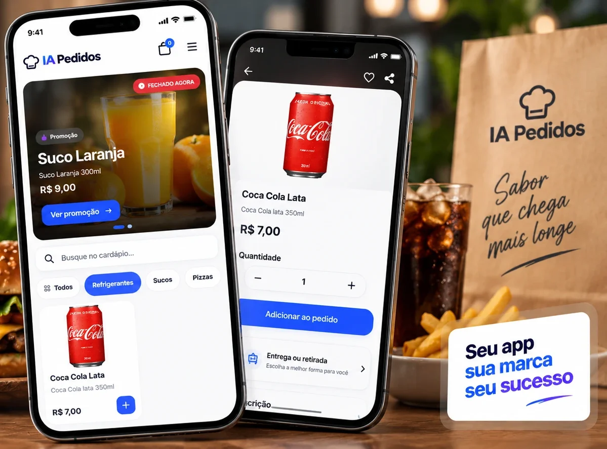 App da loja no celular: vitrine com promoção de Suco Laranja por R$ 9,00 e a Coca Cola Lata por R$ 7,00 pronta para adicionar ao pedido